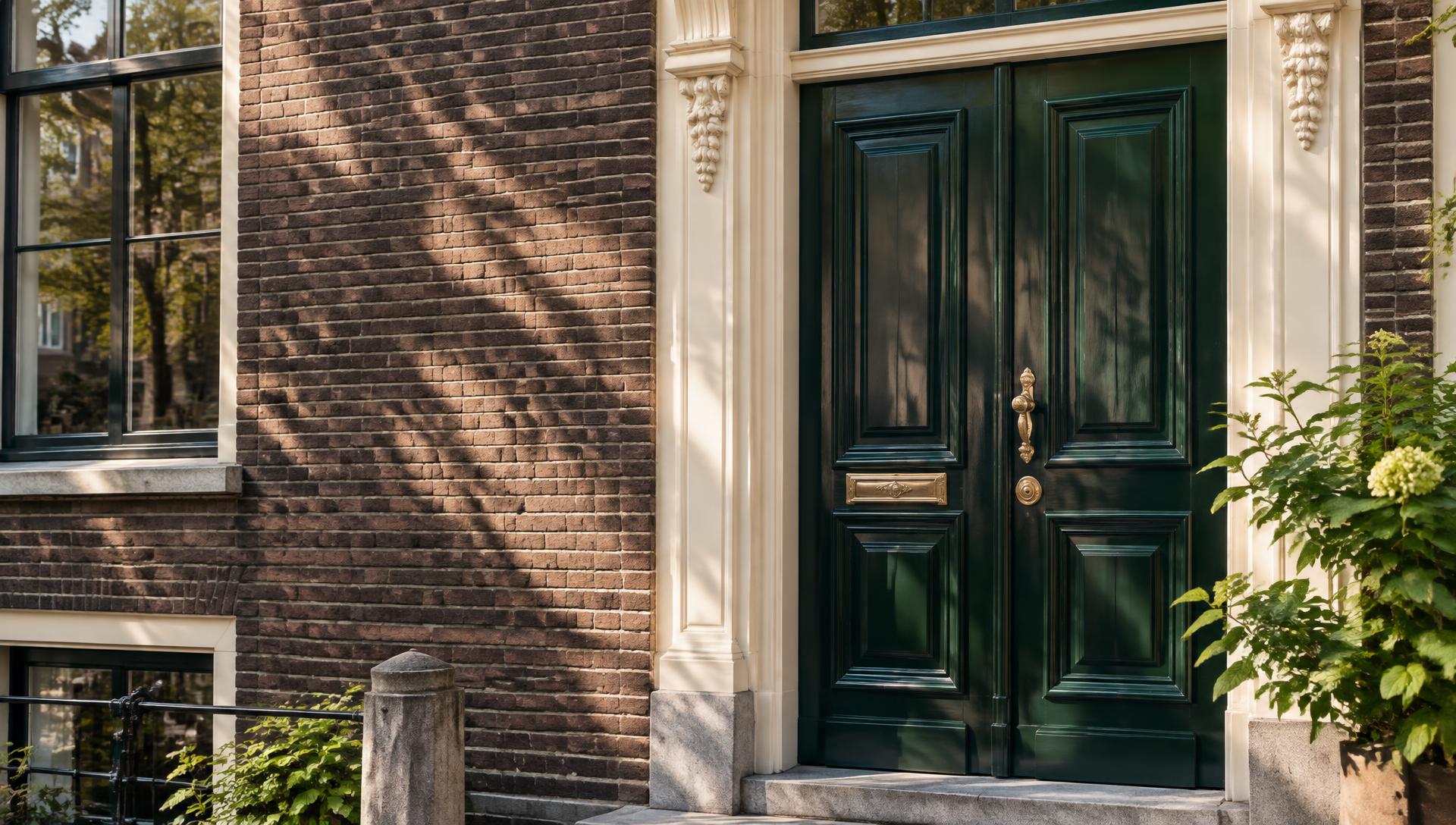 Klassieke groene Amsterdamse voordeur in warm daglicht
